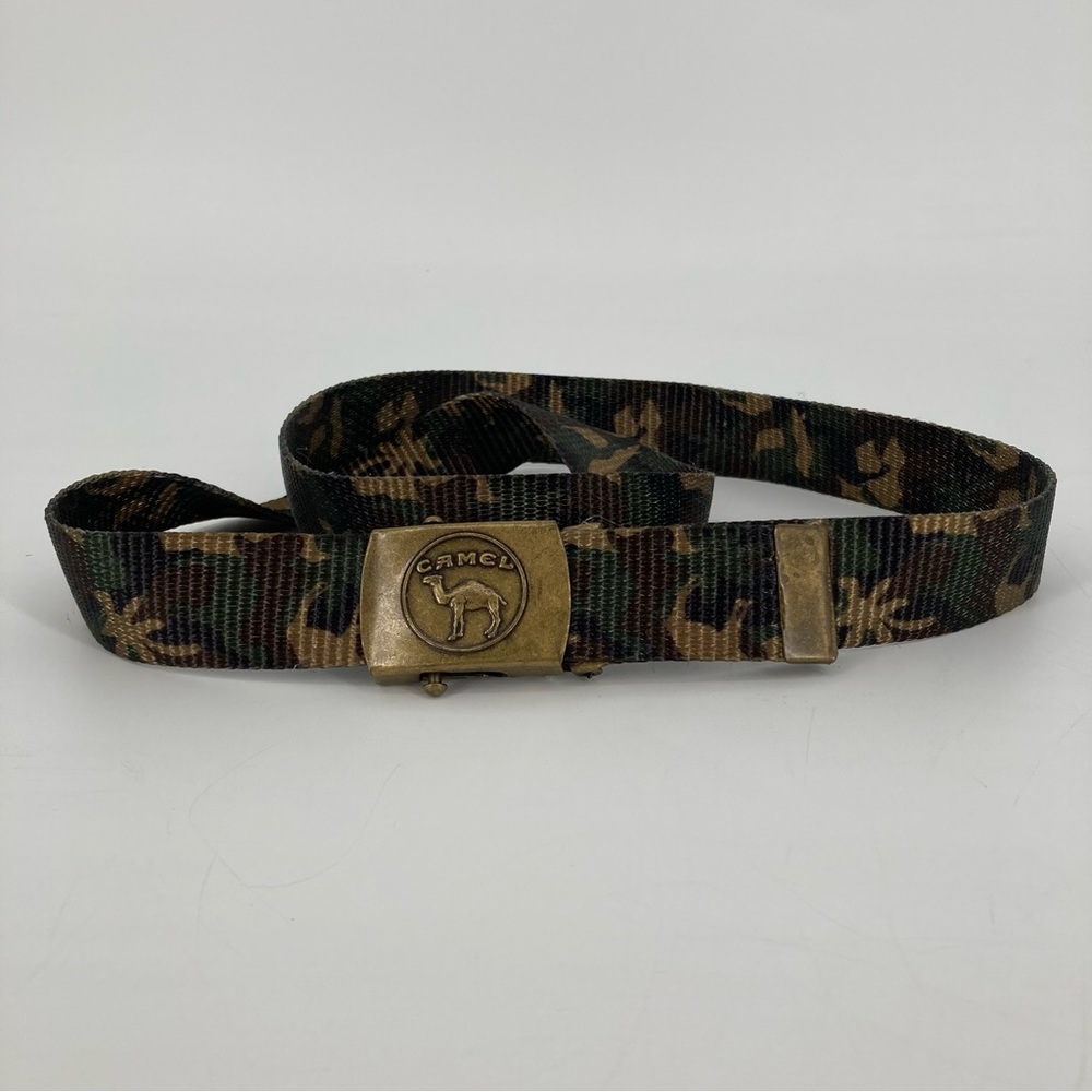 Vintage Joe Camel Belt Camo Adjustable Brass Buckle USA Made Cigarette Merch